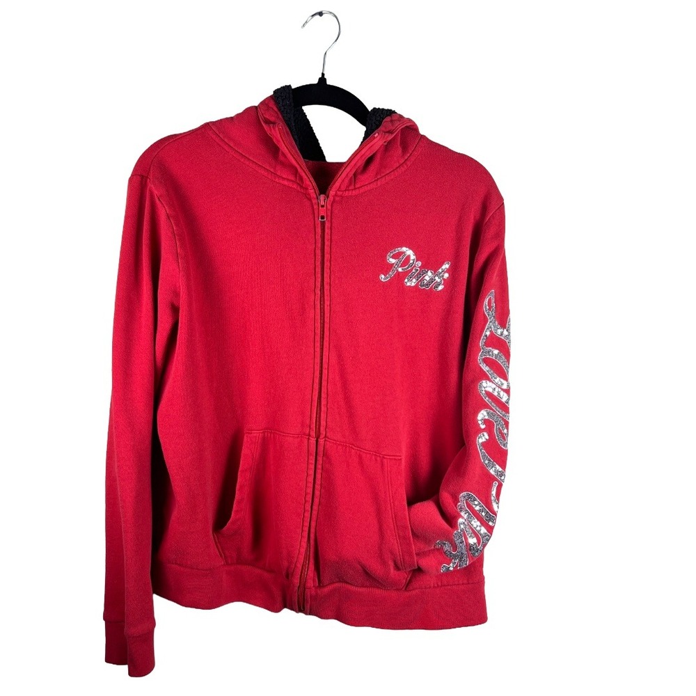 2010s PINK Victoria's Secret Full Zip Hoodie Women XL Red Sequins
